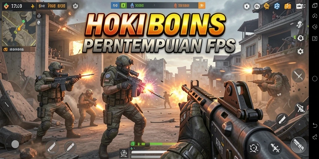 Tangkapan layar HOKIBONUS menampilkan aksi tembak-menembak yang intens.
