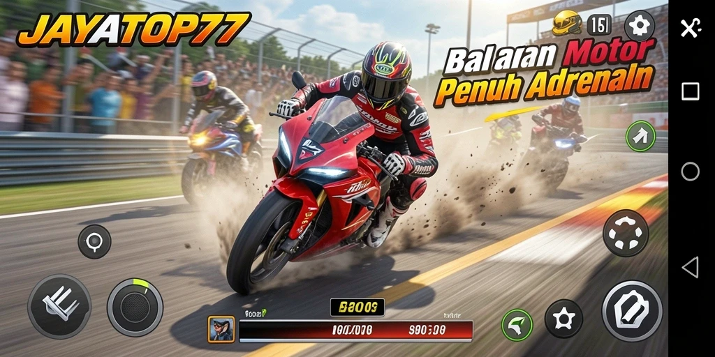 Tampilan screenshot gameplay JAYATOP77 yang memukau dalam aksi balapan motor.
