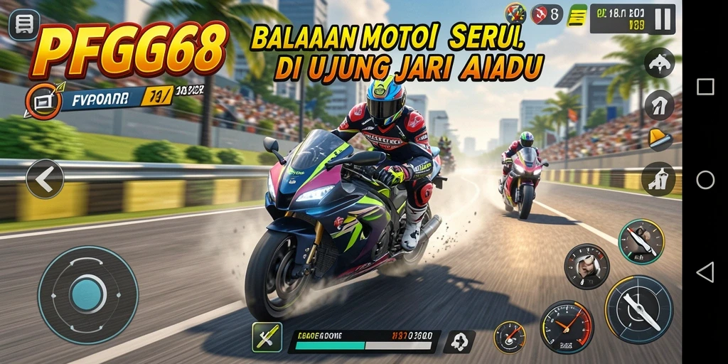 Screenshot PGG68 menampilkan aksi balapan motor yang mendebarkan.